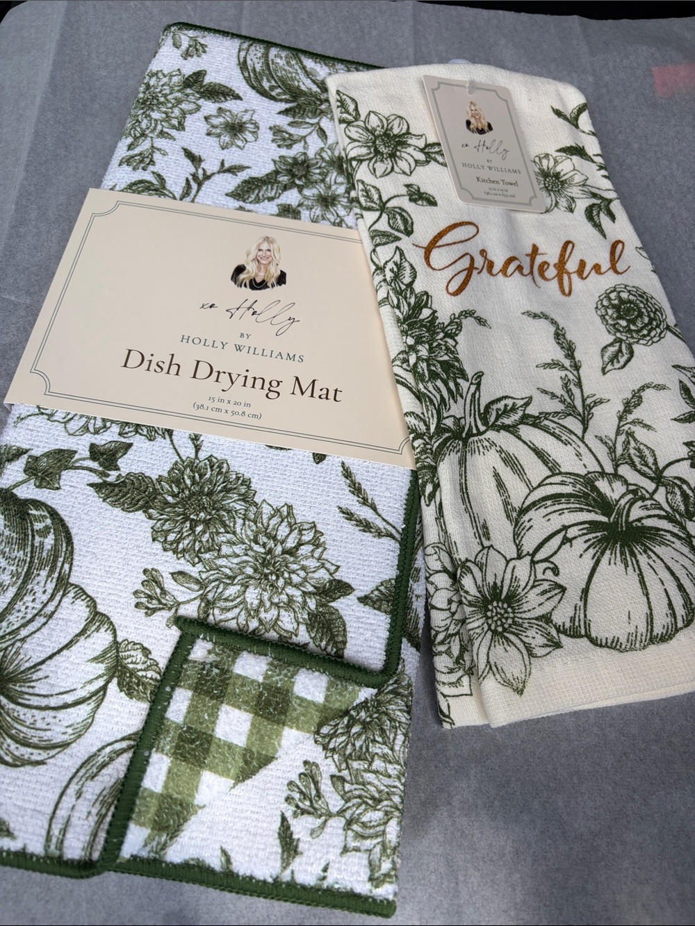 Green Floral 'Grateful' Kitchen Towel and Dish Drying Mat Set